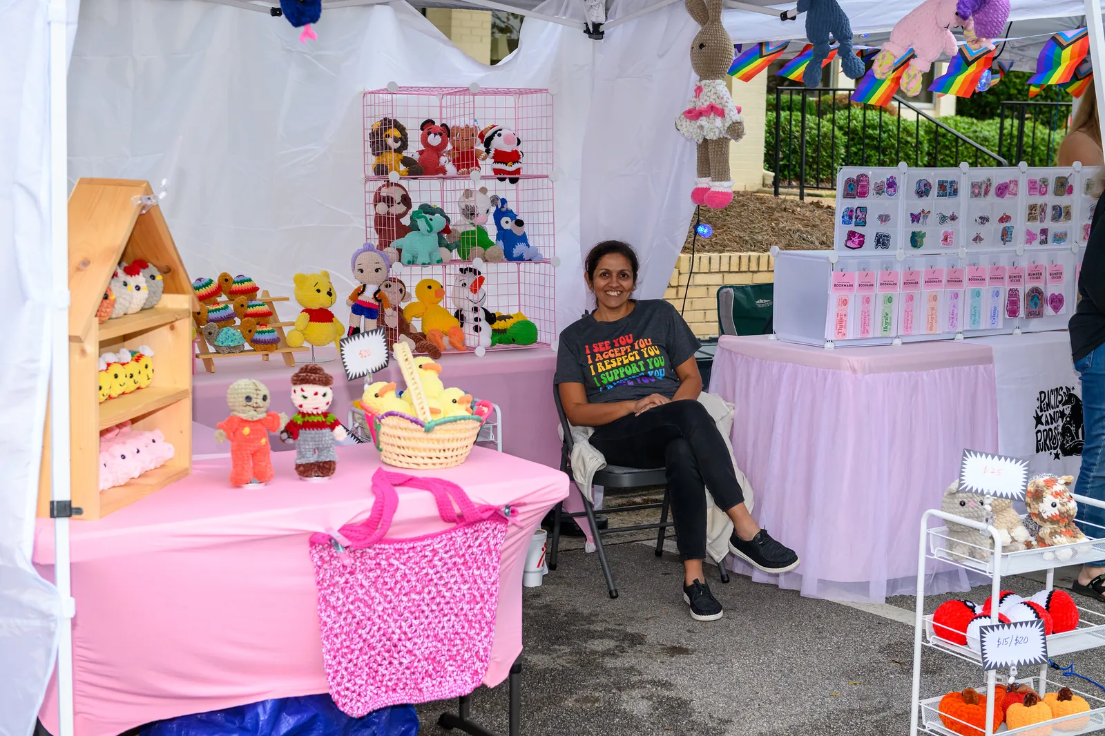 Handmade crochet animals and gifts at a vendor's booth during a street festival in downtown Wake Forest.