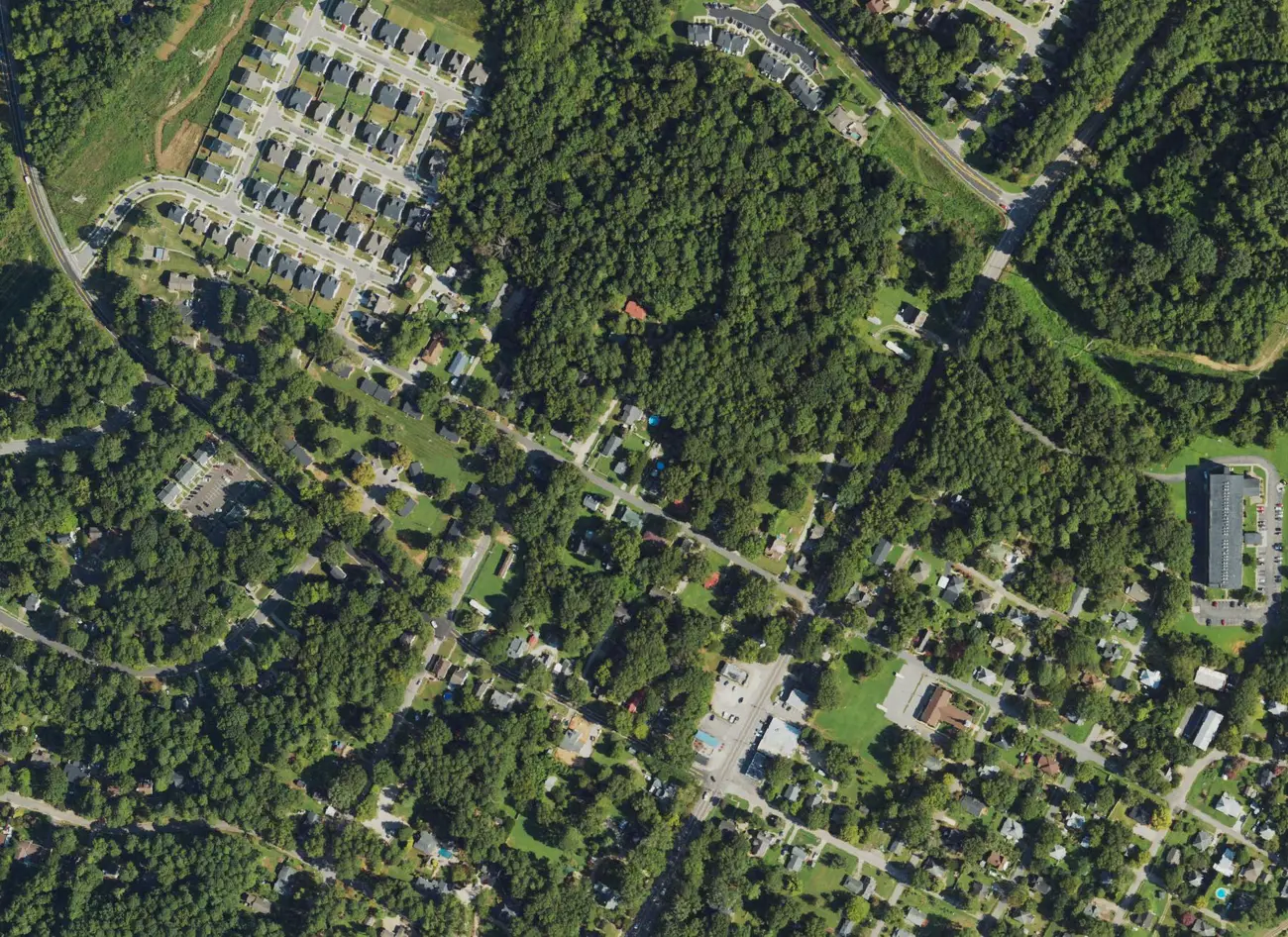 Aerial view of the Glen Royall Mill Village area on the north side of Wake Forest, with its grid of small mill houses among the trees.