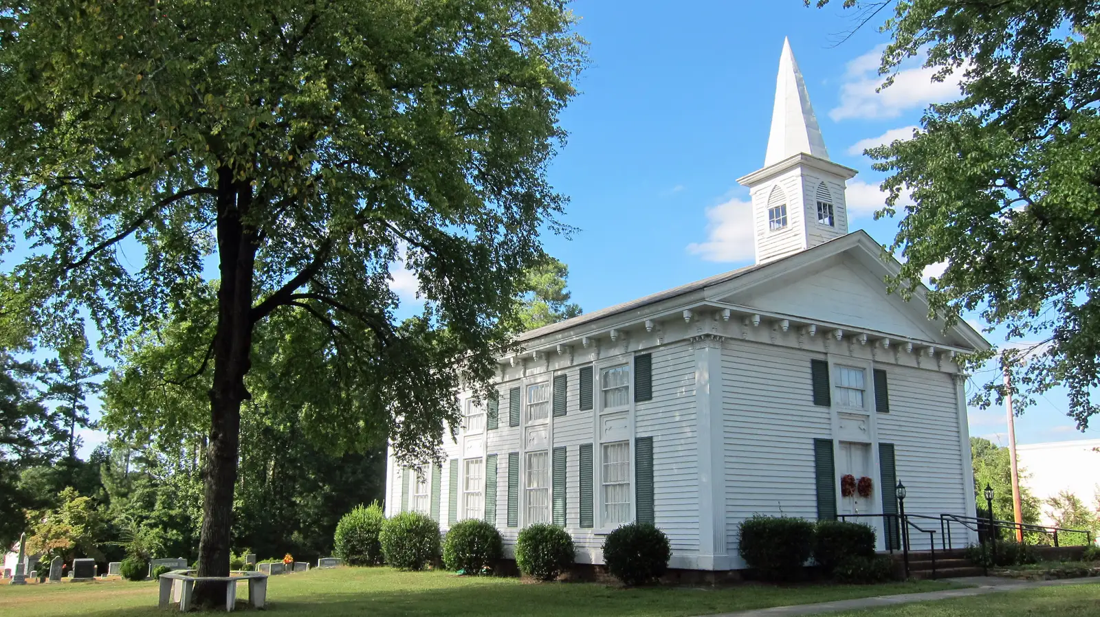Forestville Baptist Church, a white frame church with a steeple, in the old Forestville crossroads area beside South Main Street in Wake Forest.