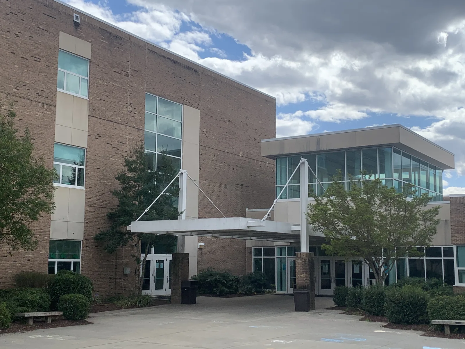 The front entrance of Wakefield High School on Wakefield Pines Drive in Raleigh, one of the Wake County public high schools that serve Wake Forest addresses