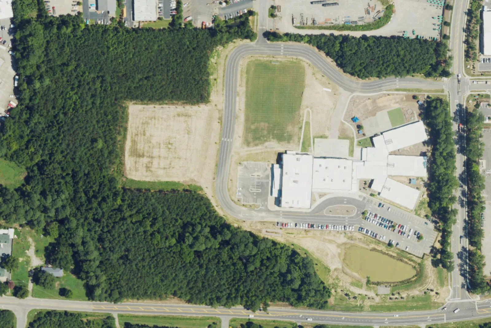 Endeavor Charter School's campus on One World Way in Wake Forest, seen from the air