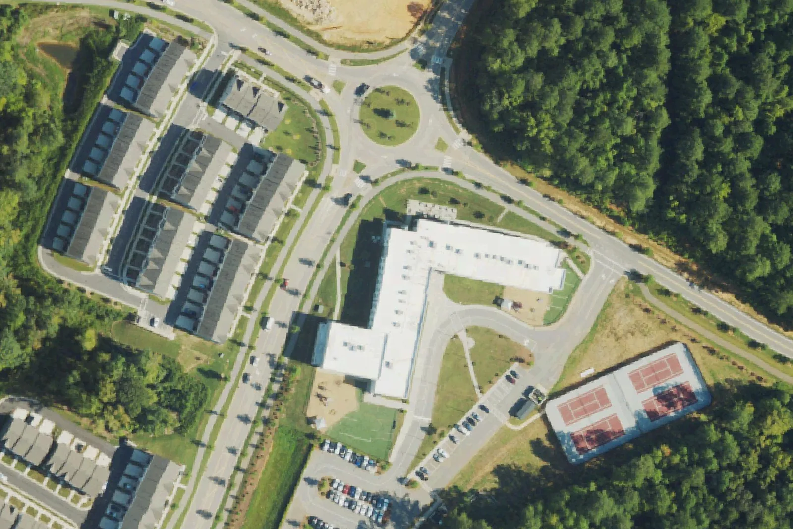 Envision Science Academy's campus on Traditions Grande Boulevard in Wake Forest, seen from the air