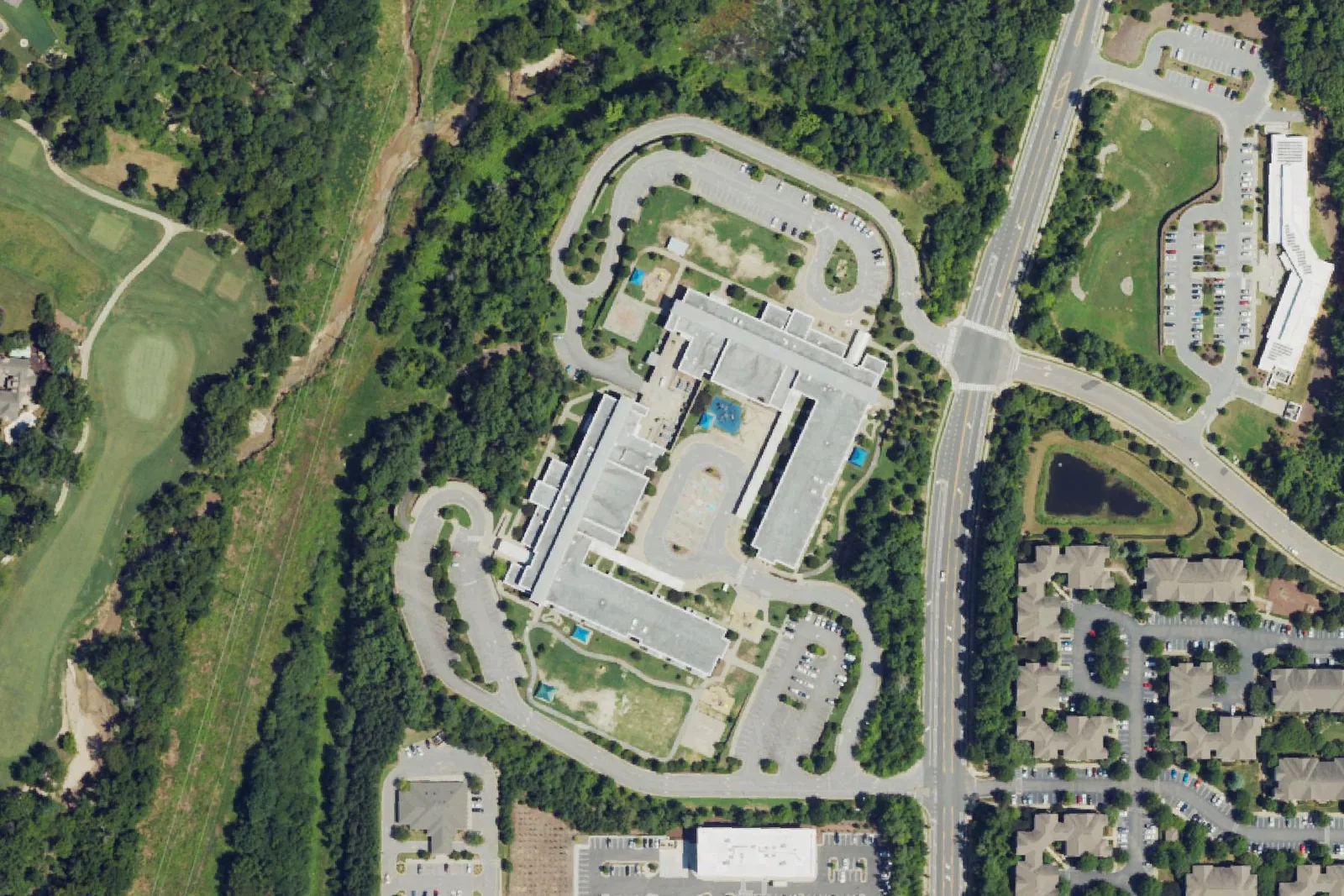 Forest Pines Drive Elementary's campus on Forest Pines Drive in Raleigh, seen from the air