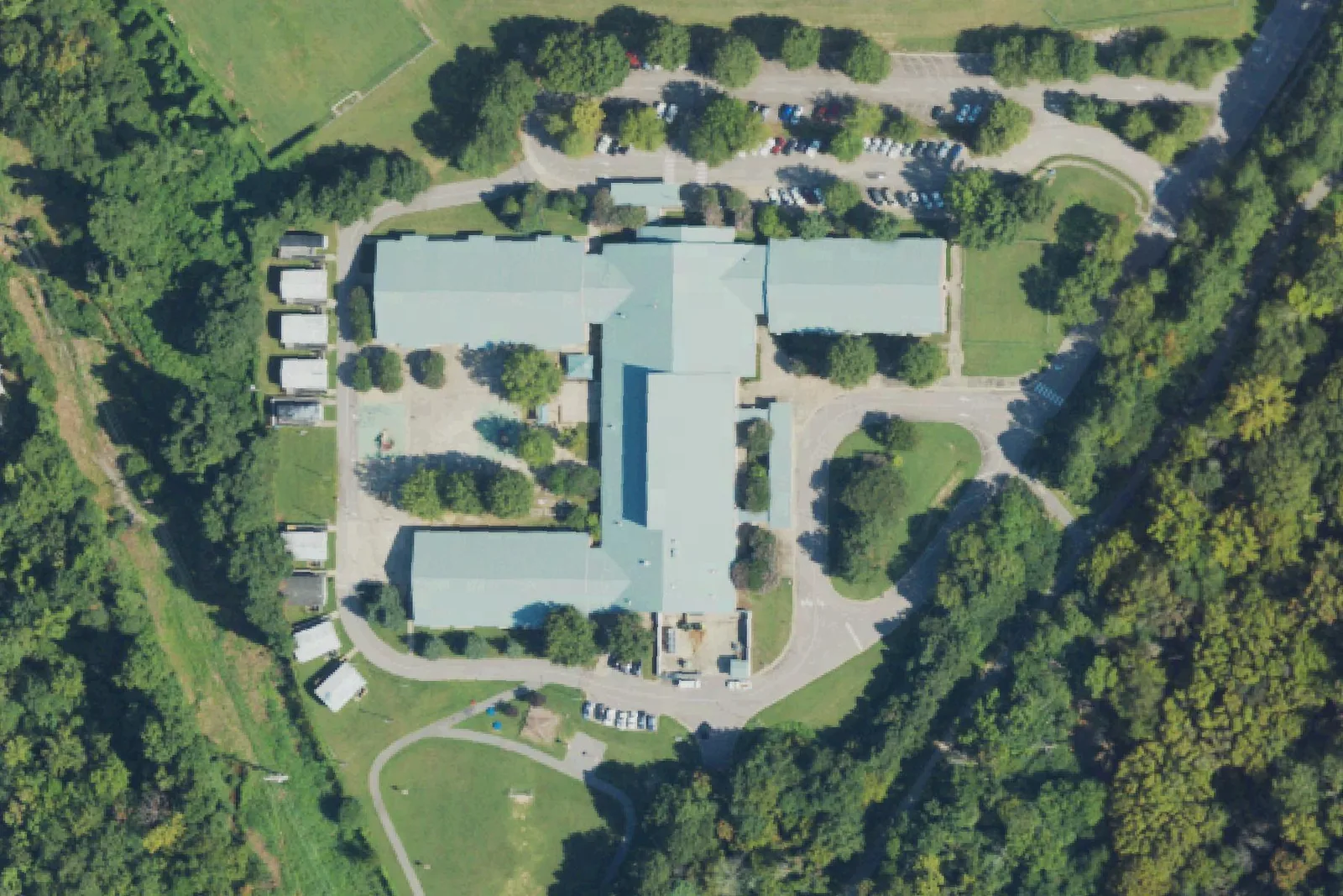 Heritage Elementary's school building on Rogers Road in Wake Forest, seen from the air