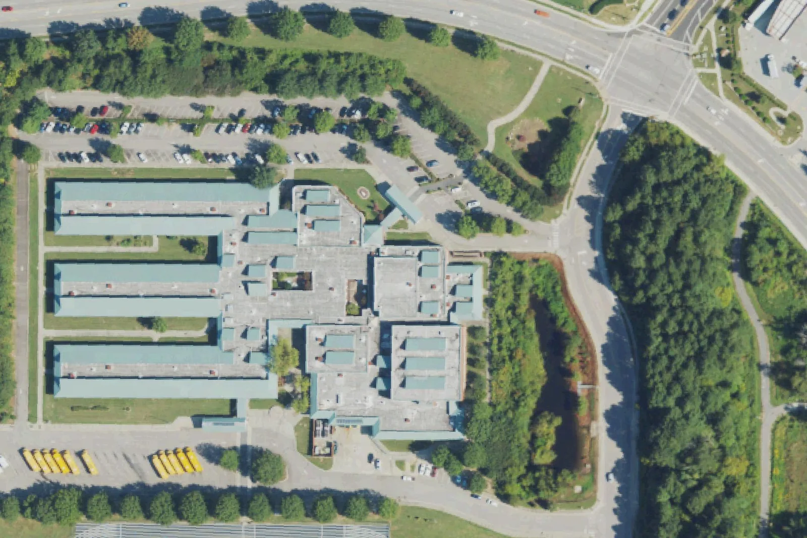 Heritage Middle's school building on Rogers Road in Wake Forest, seen from the air