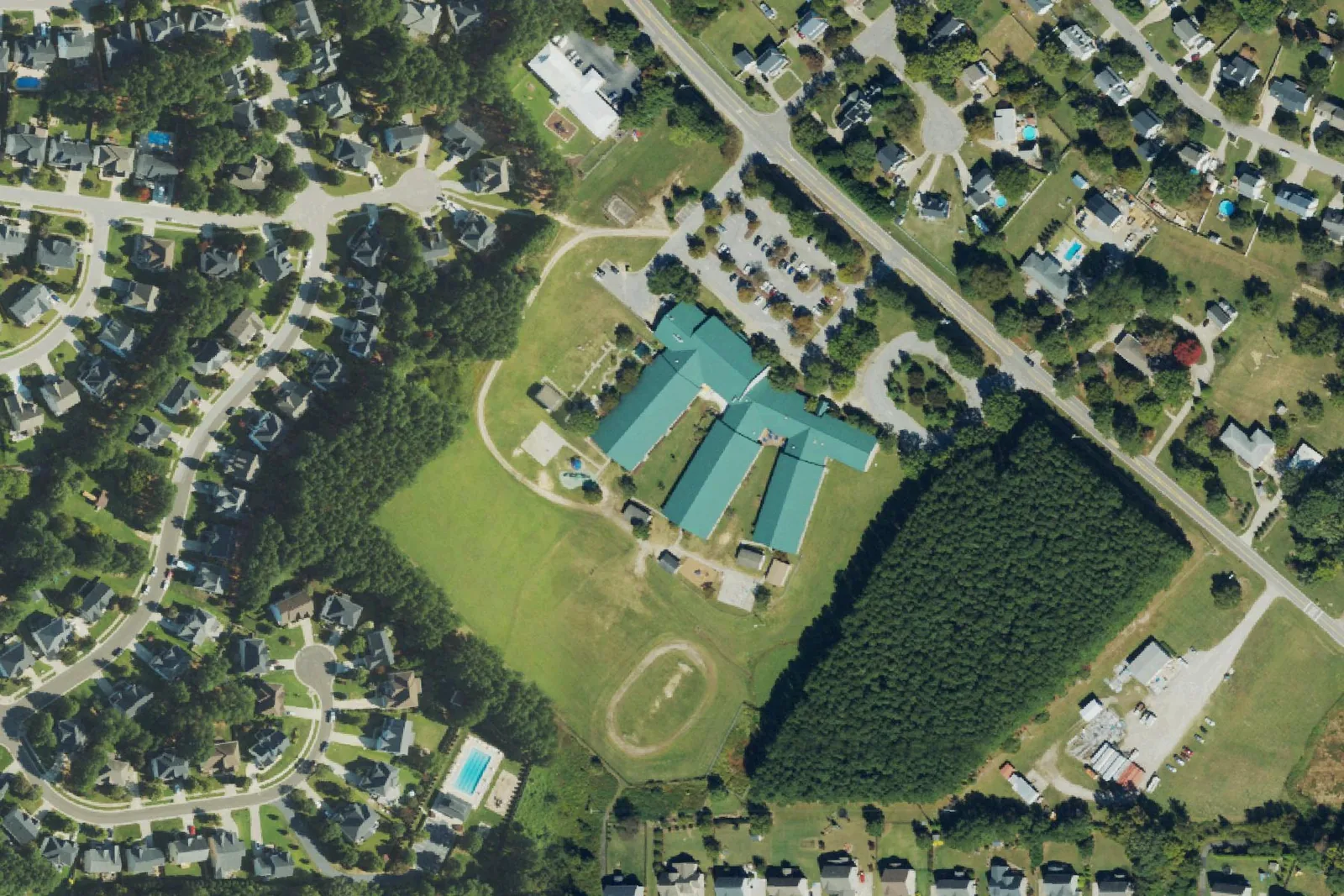 Jones Dairy Elementary's campus on Jones Dairy Road in Wake Forest, seen from the air