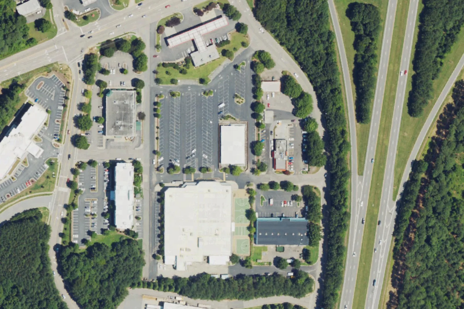 The shopping area on Durham Road in Wake Forest where North Wake College and Career Academy has its campus, seen from the air