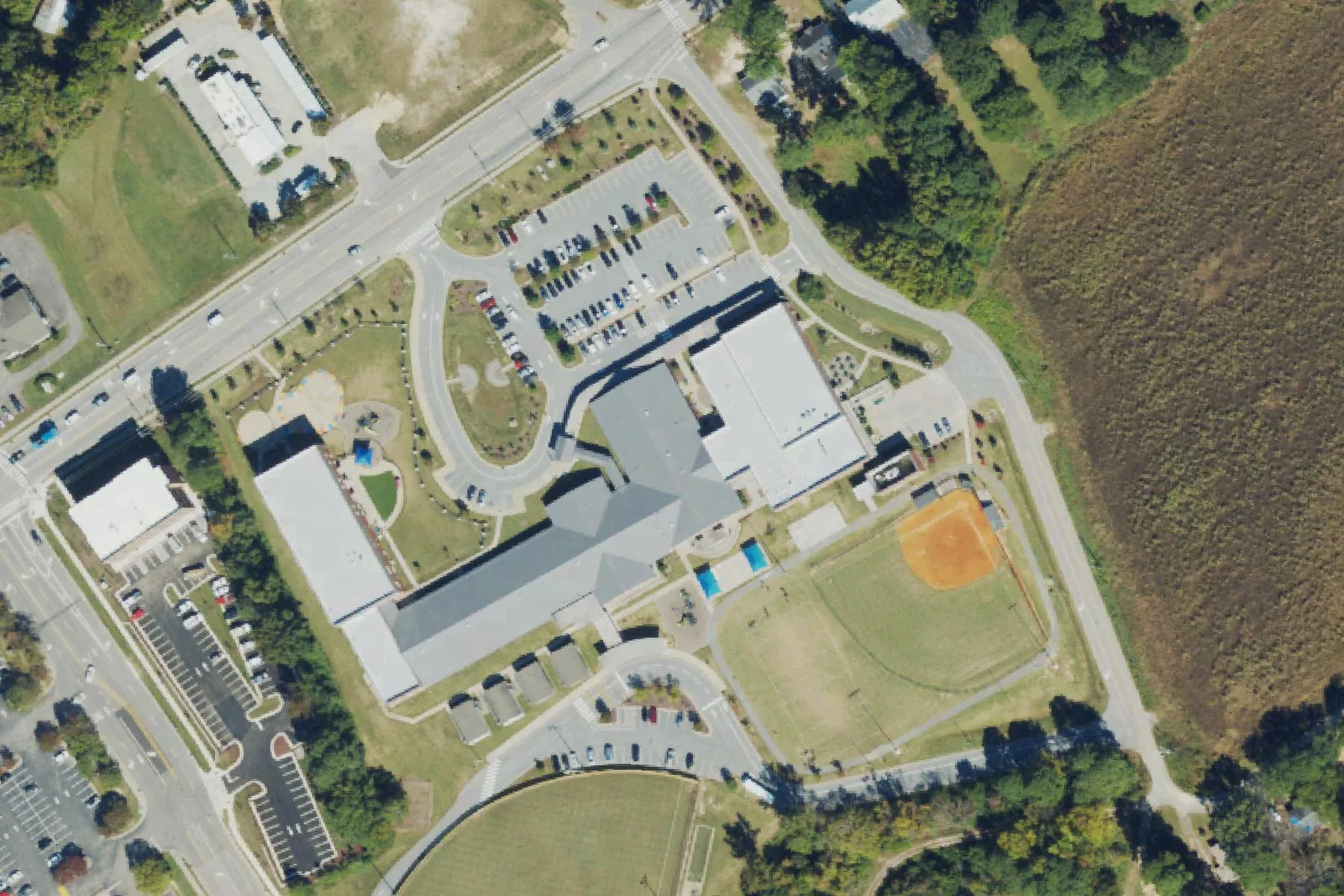 Rolesville Elementary's campus on South Main Street in Rolesville, seen from the air