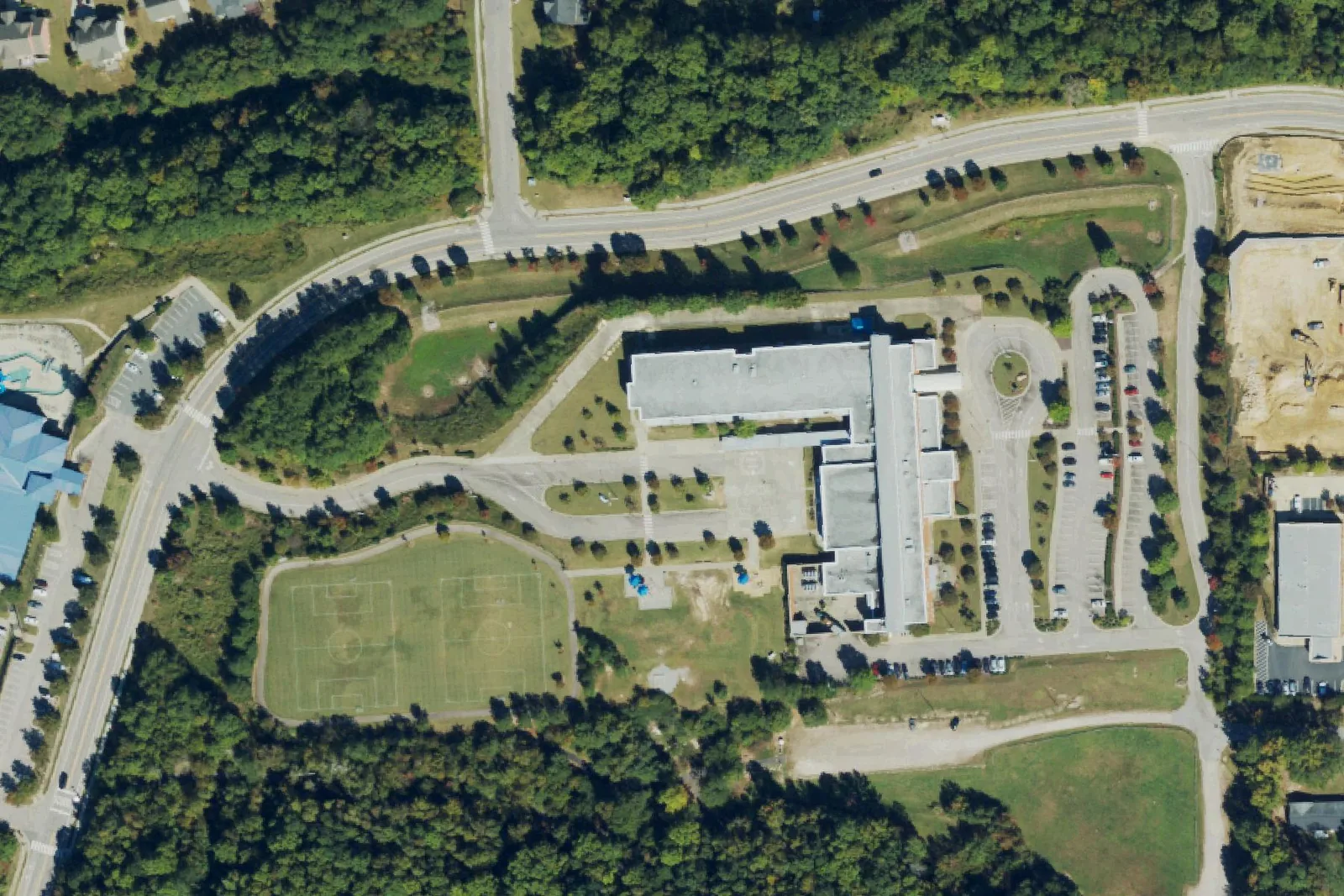 Sanford Creek Elementary's campus on Granite Falls Boulevard in Rolesville, seen from the air