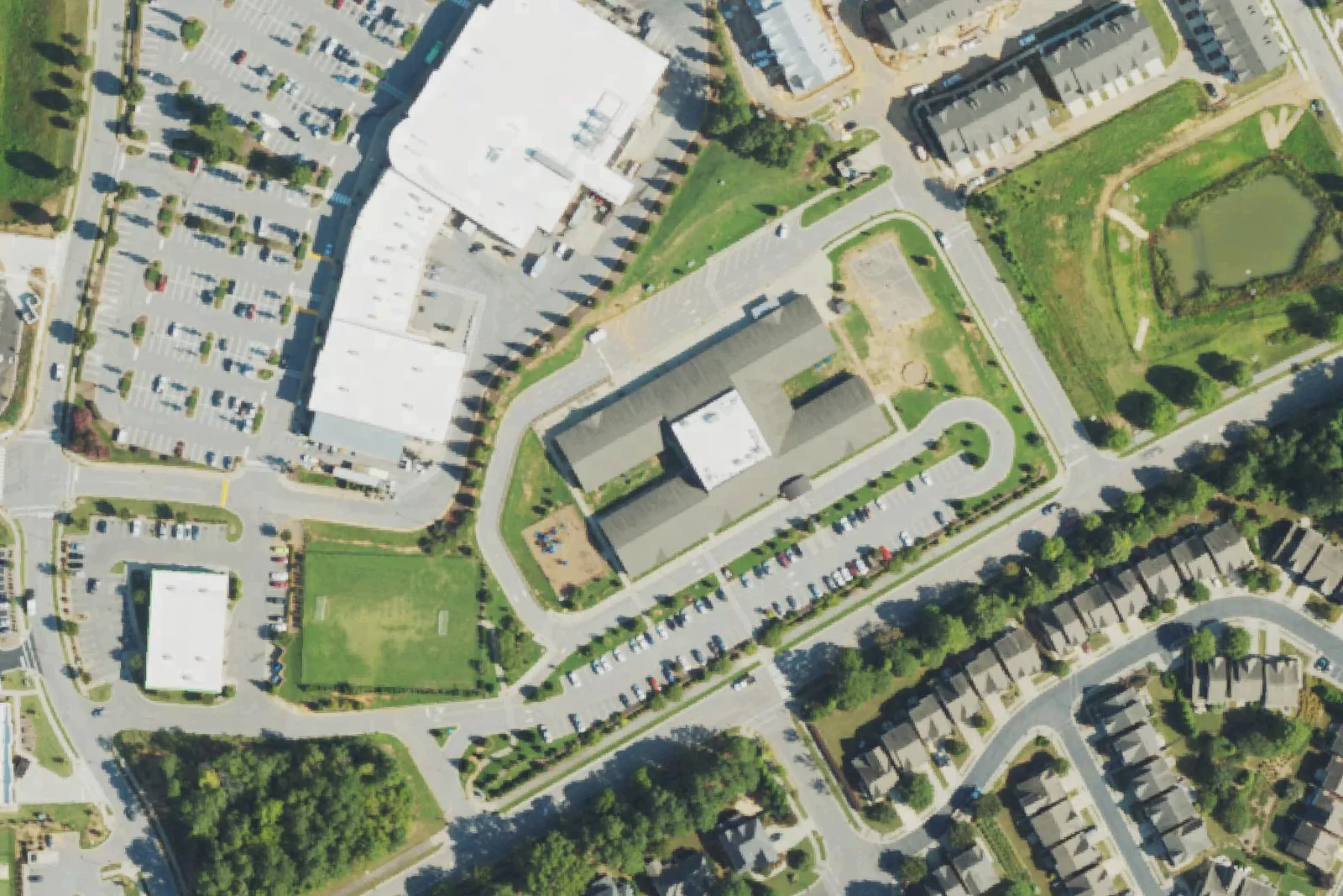 Wake Forest Charter Academy's campus on Friendship Chapel Road in Wake Forest, seen from the air