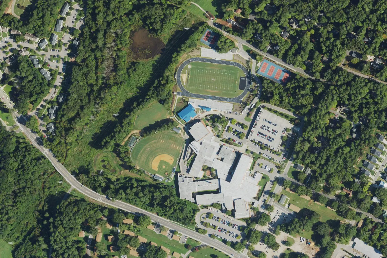 Wake Forest High's campus on West Stadium Drive in Wake Forest, seen from the air