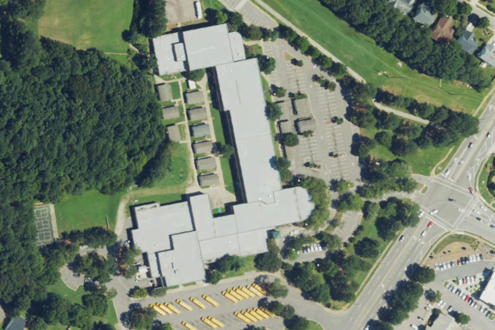 Wake Forest Middle's campus on South Main Street in Wake Forest, seen from the air