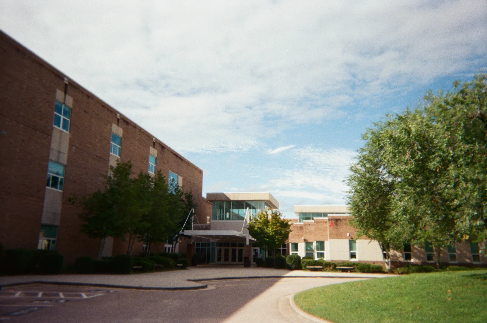 Wakefield High School's main building and front entrance on Wakefield Pines Drive in Raleigh
