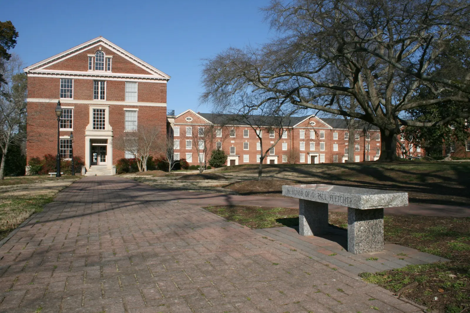 Brick halls on the Southeastern Baptist Theological Seminary campus on Wingate Street in Wake Forest, the street where the Gobbler's Run 5K starts on Thanksgiving morning.