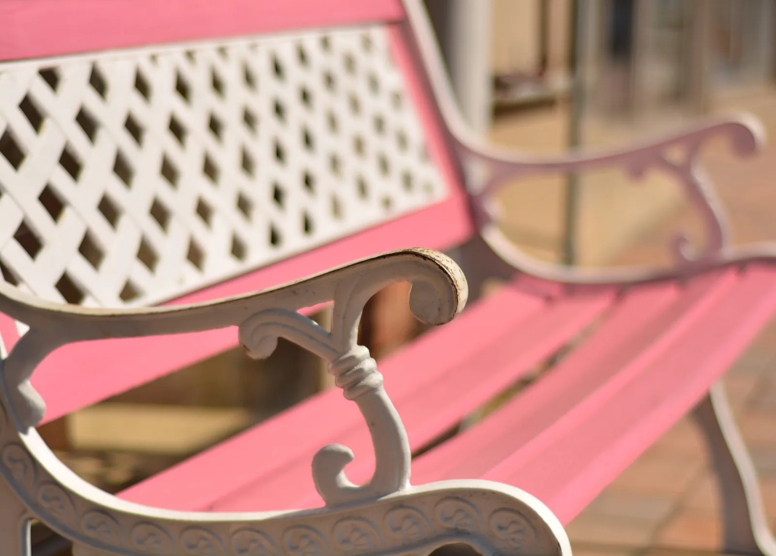 A pink and white bench on White Street in downtown Wake Forest.