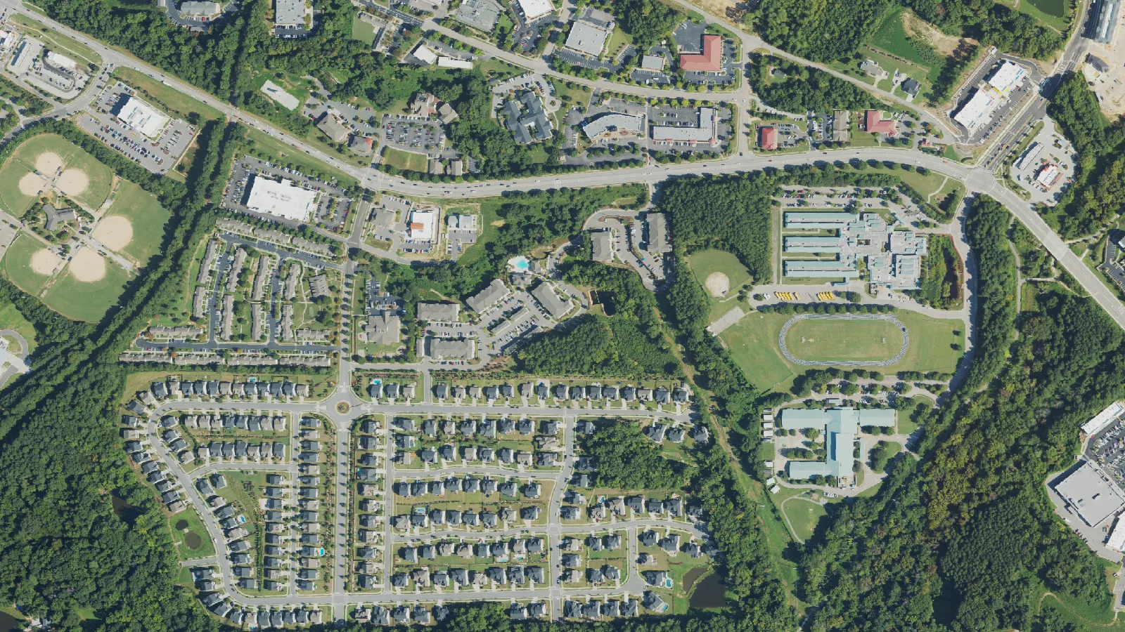 Homes, townhouses and apartments south of Rogers Road in Wake Forest, seen from the air.